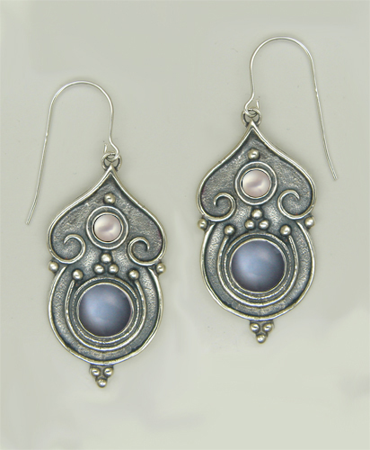 Sterling Silver Gothic Inspired Drop Dangle Earrings With Grey Moonstone And Cultured Freshwater Pearl